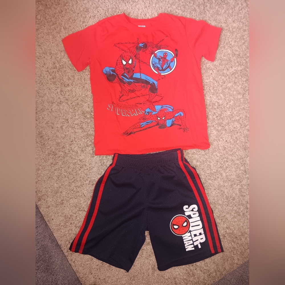 Cute Boys Red Spider-Man T-Shirt and Dark Blue Shorts Set.